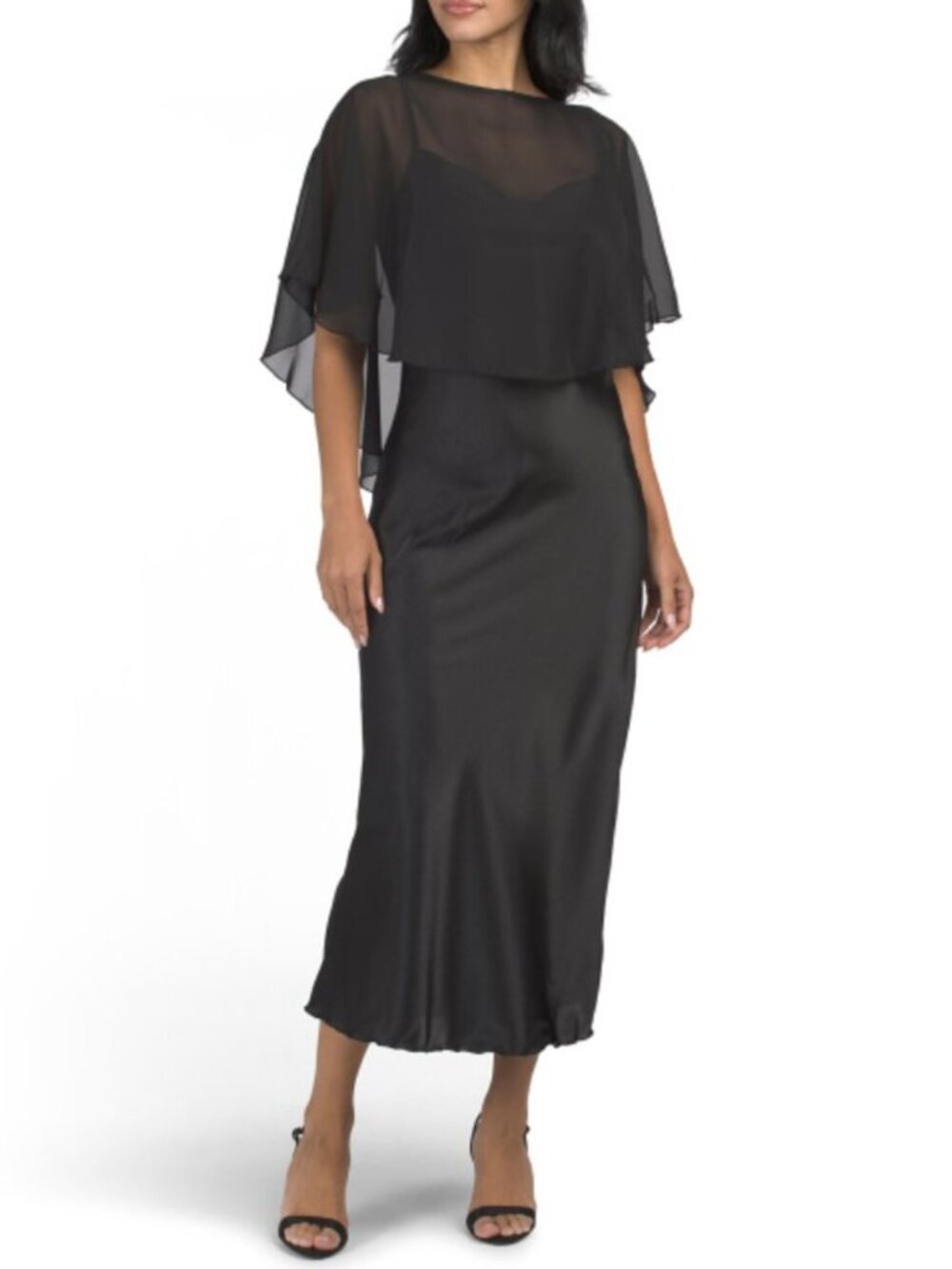 TASH & SOPHIE Made In Usa Satin Dress With Adjustable Straps And Chiffon Capelet